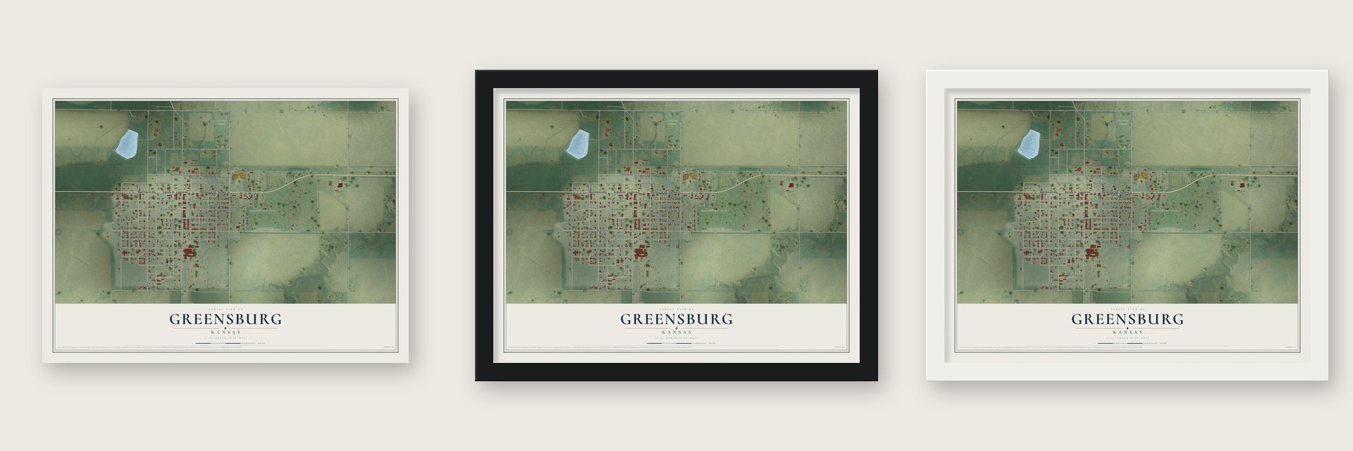 Greensburg, Kansas map unframed, in a black wood frame and in a white wood frame
