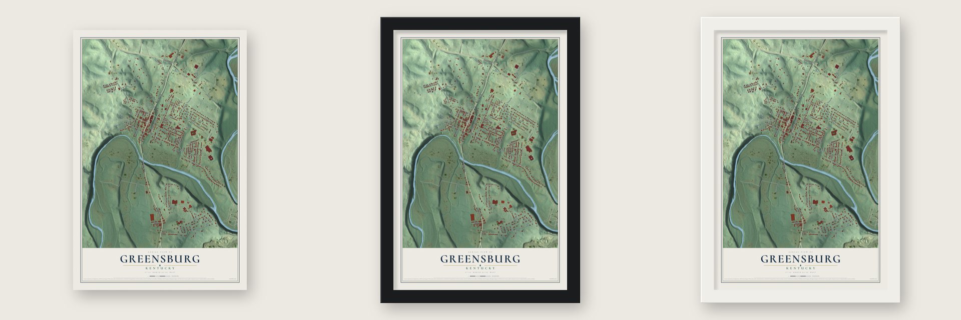 Greensburg, Kentucky map unframed, in a black wood frame and in a white wood frame