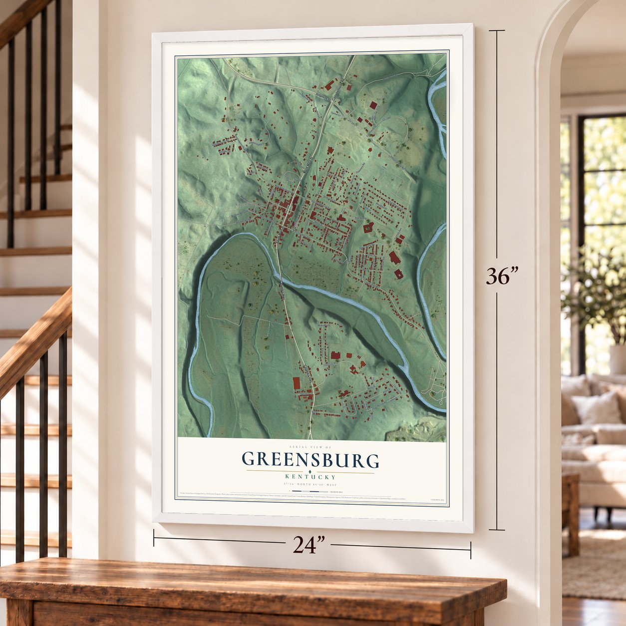 Greensburg, Kentucky map, 24 x 36 inch print in a white frame by a staircase