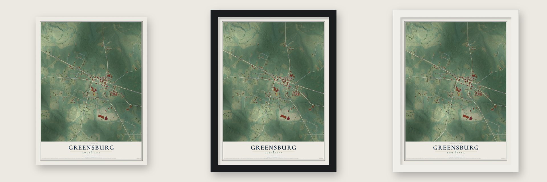 Greensburg, Louisiana map unframed, in a black wood frame and in a white wood frame
