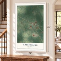 Greensburg, Louisiana map, 24 x 36 inch print in a white frame by a staircase