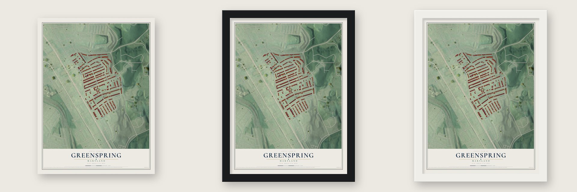 Greenspring, Maryland map unframed, in a black wood frame and in a white wood frame