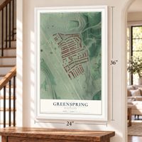 Greenspring, Maryland map, 24 x 36 inch print in a white frame by a staircase
