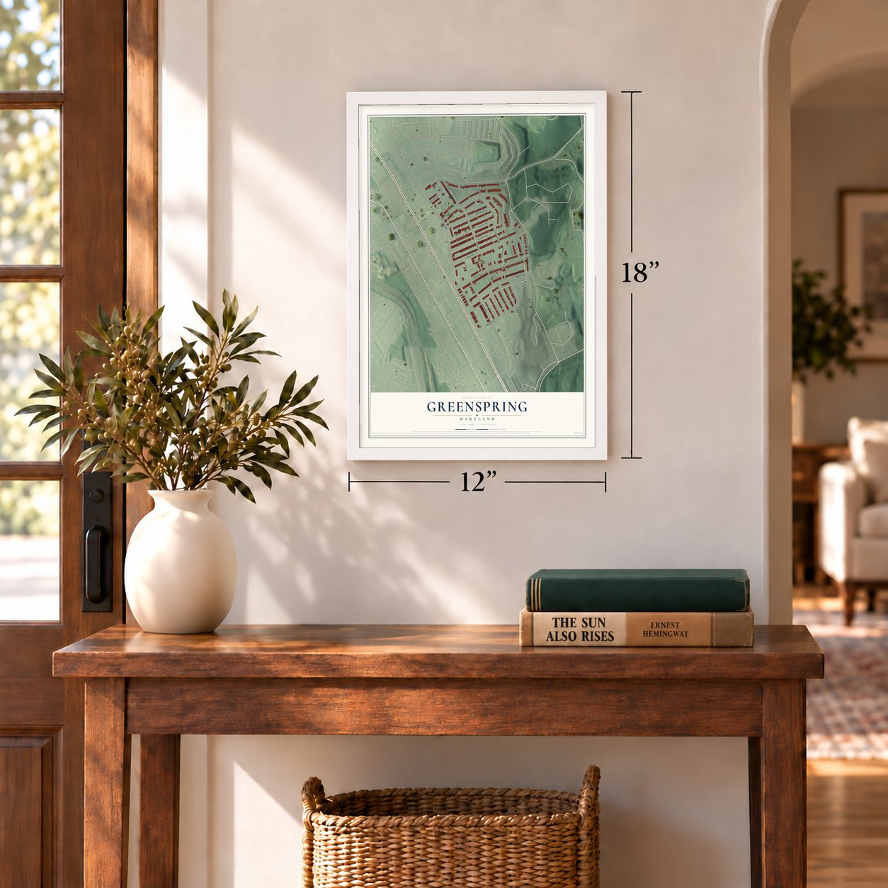 Greenspring, Maryland map, 12 x 18 inch print in a white frame in an entryway