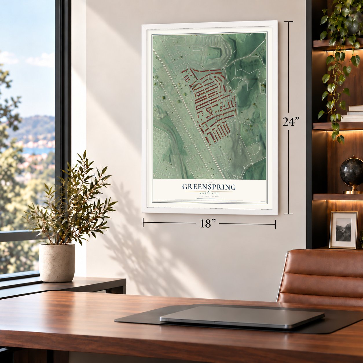 Greenspring, Maryland map, 18 x 24 inch print in a white frame in a home office