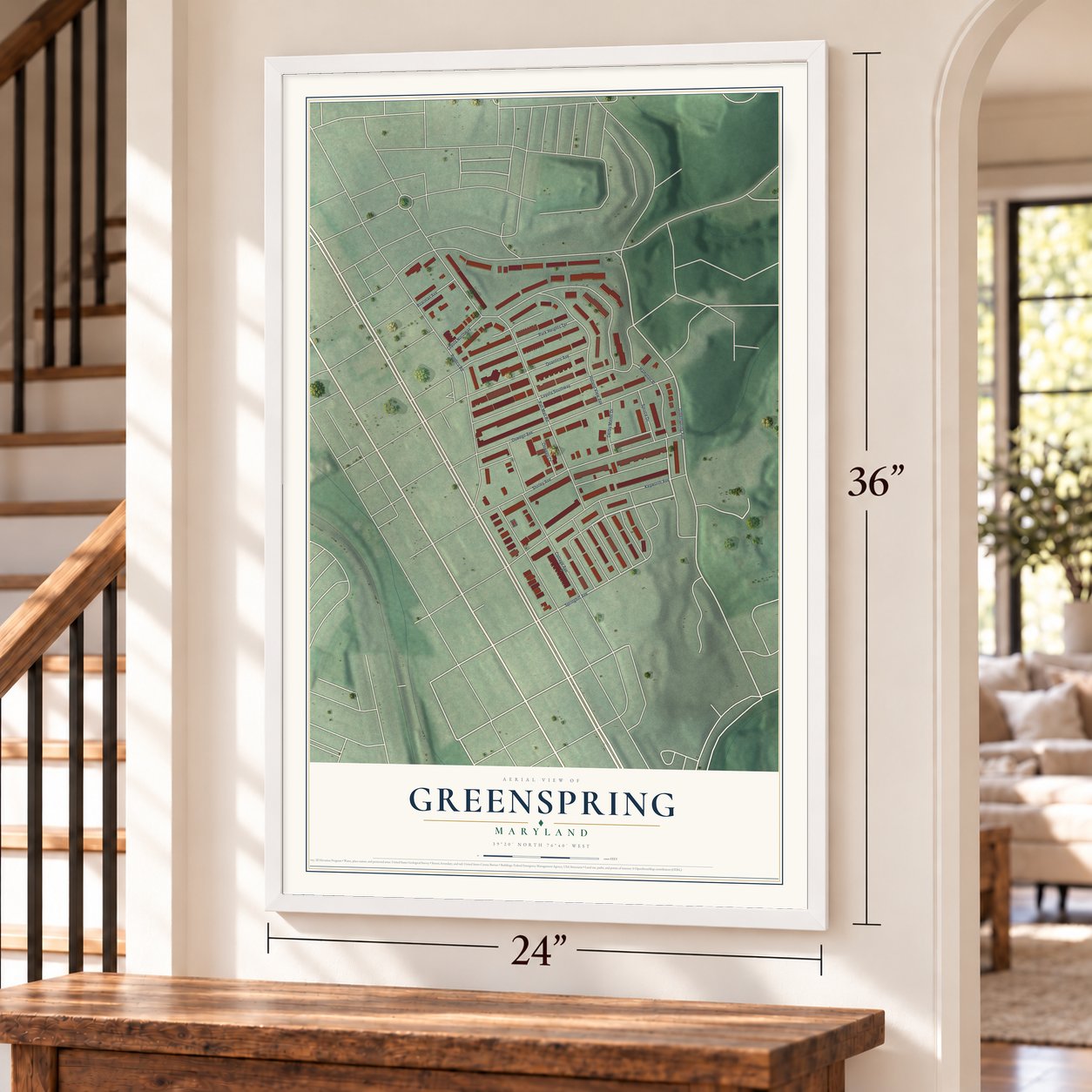 Greenspring, Maryland map, 24 x 36 inch print in a white frame by a staircase