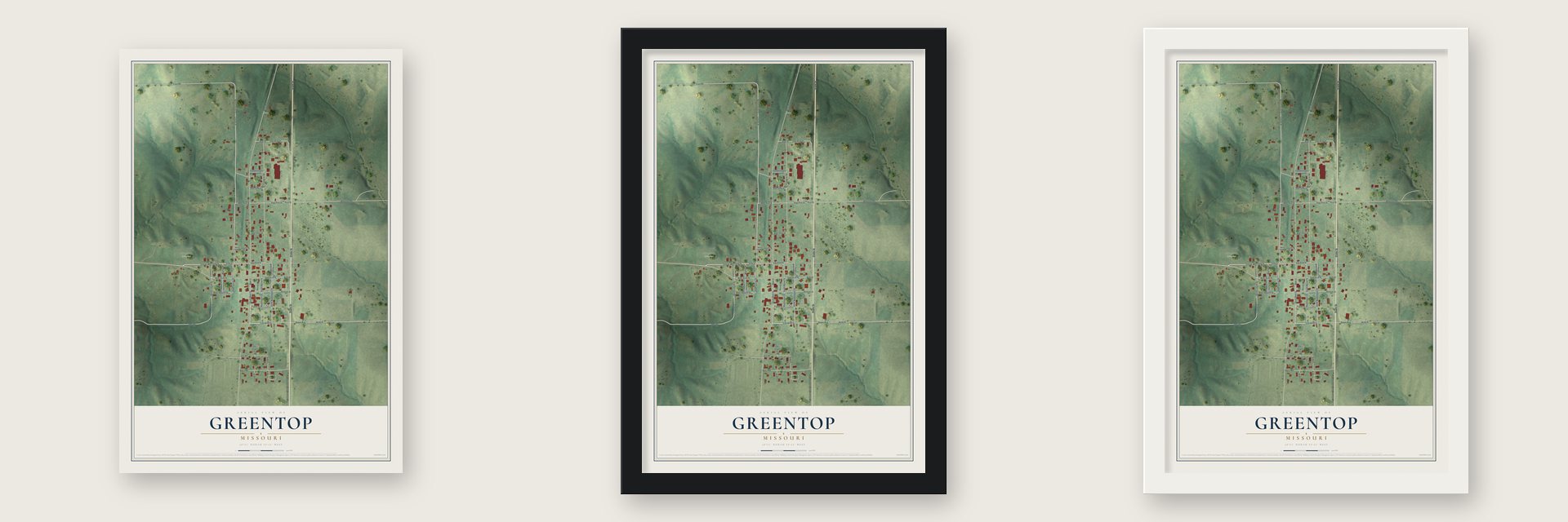 Greentop, Missouri map unframed, in a black wood frame and in a white wood frame