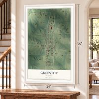 Greentop, Missouri map, 24 x 36 inch print in a white frame by a staircase