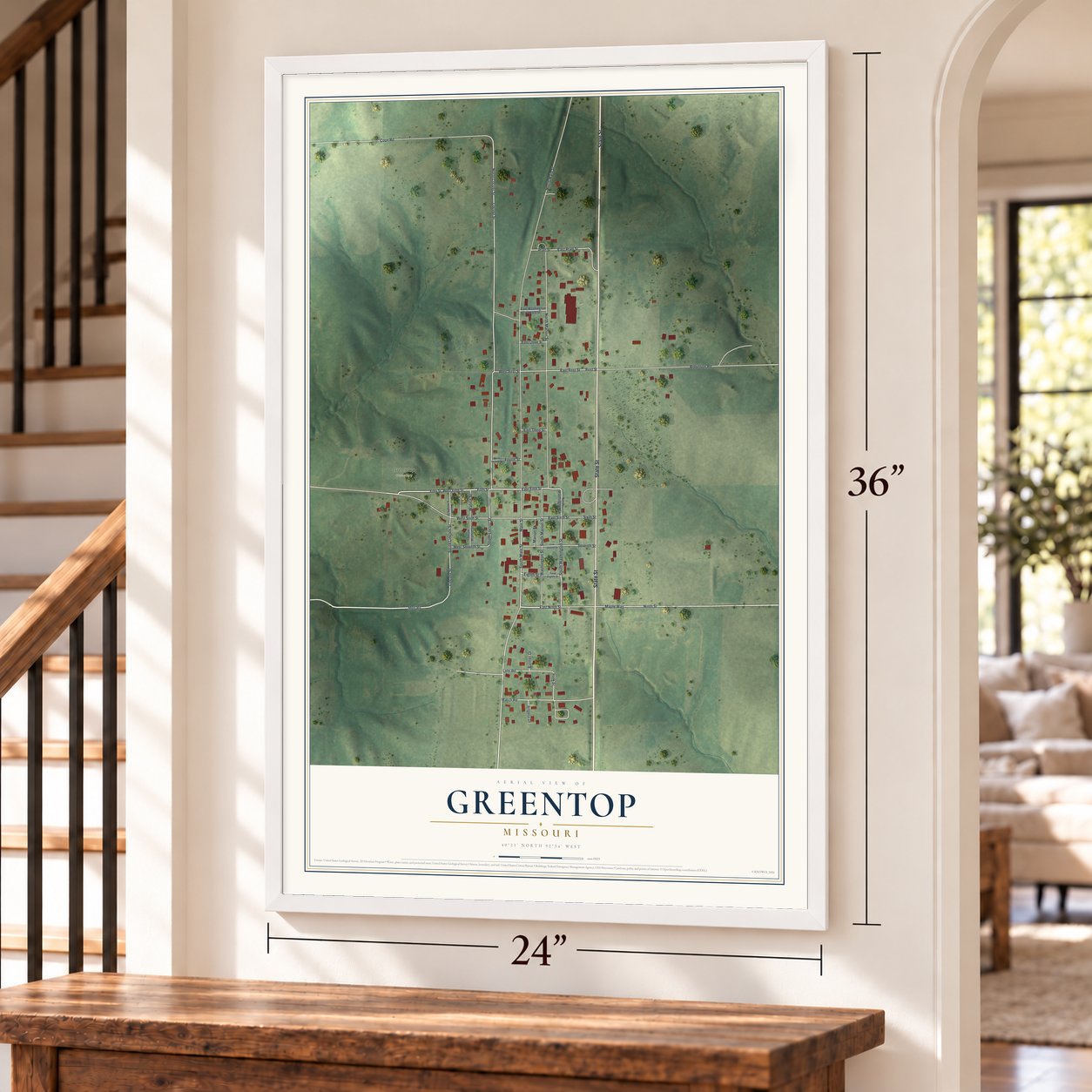 Greentop, Missouri map, 24 x 36 inch print in a white frame by a staircase