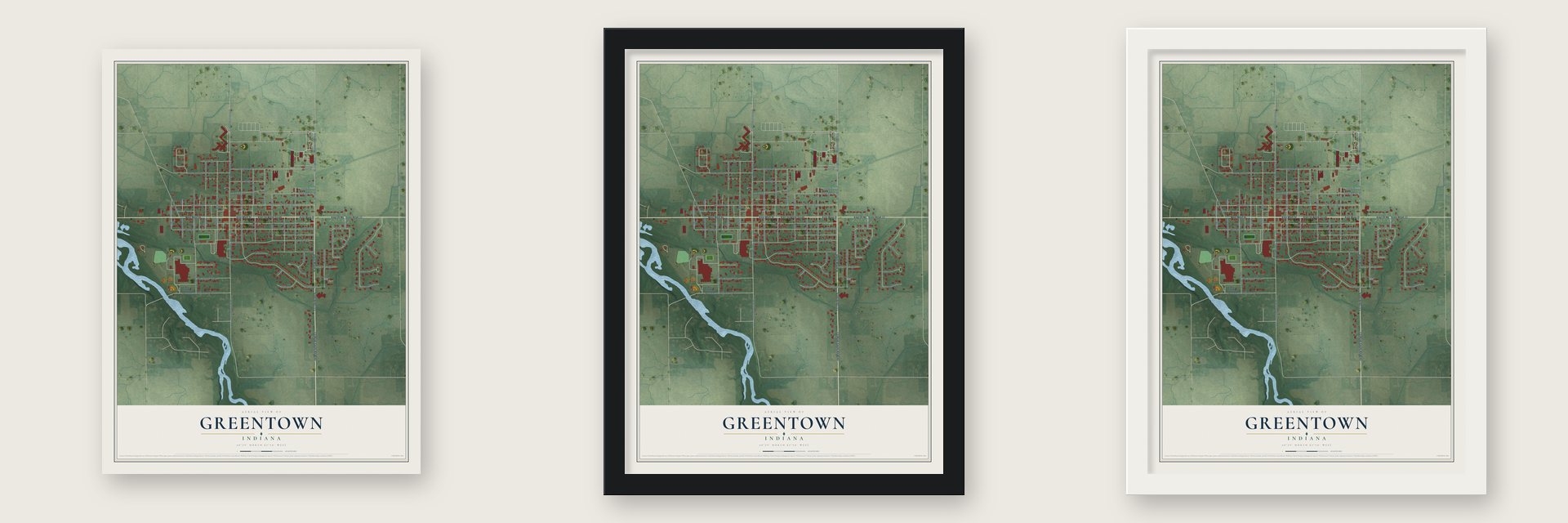 Greentown, Indiana map unframed, in a black wood frame and in a white wood frame