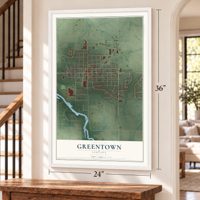 Greentown, Indiana map, 24 x 36 inch print in a white frame by a staircase