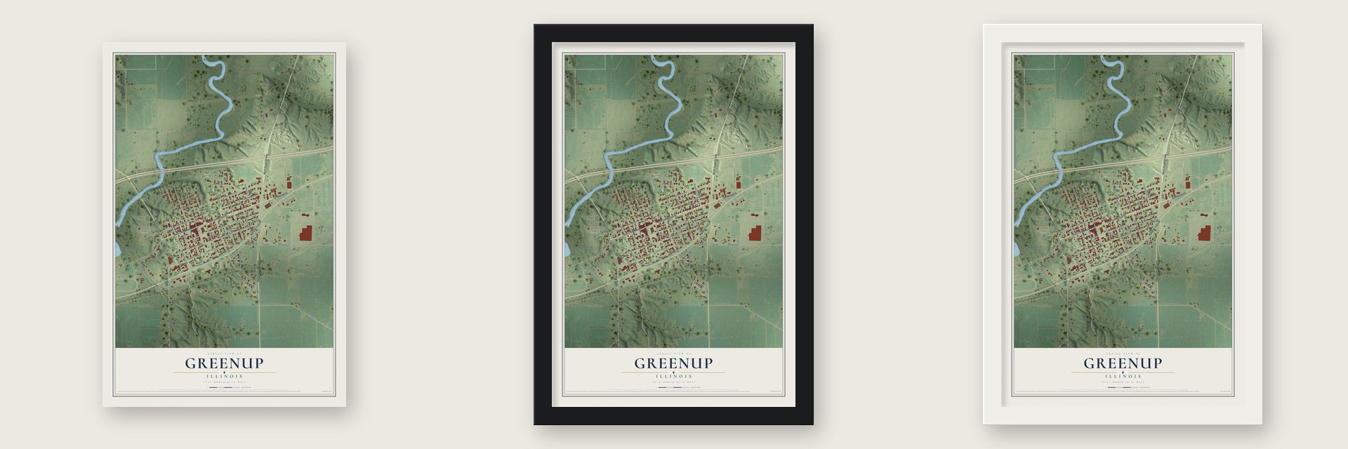 Greenup, Illinois map unframed, in a black wood frame and in a white wood frame
