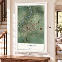 Greenup, Illinois map, 24 x 36 inch print in a white frame by a staircase