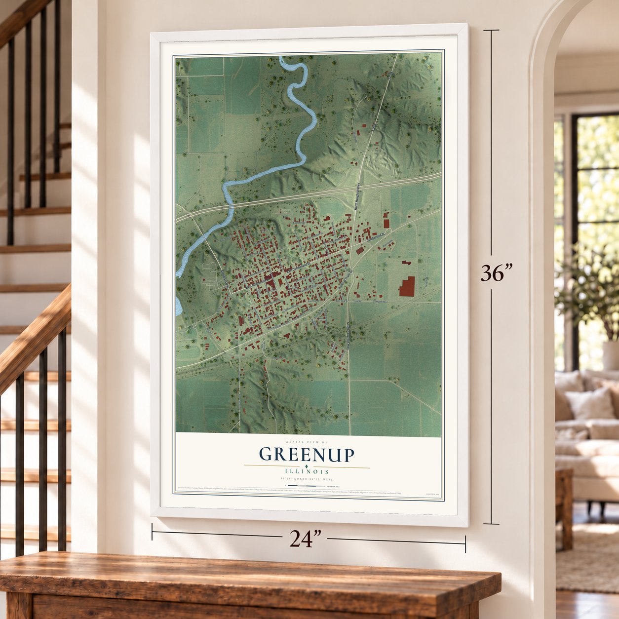 Greenup, Illinois map, 24 x 36 inch print in a white frame by a staircase