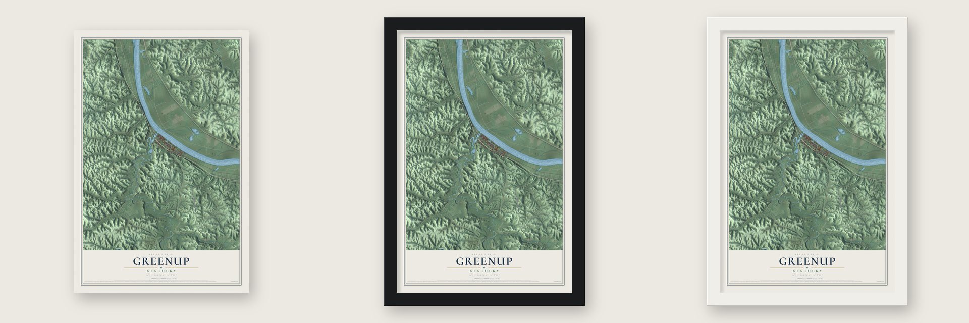 Greenup, Kentucky map unframed, in a black wood frame and in a white wood frame