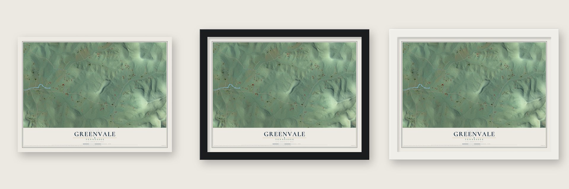 Greenvale, Tennessee map unframed, in a black wood frame and in a white wood frame