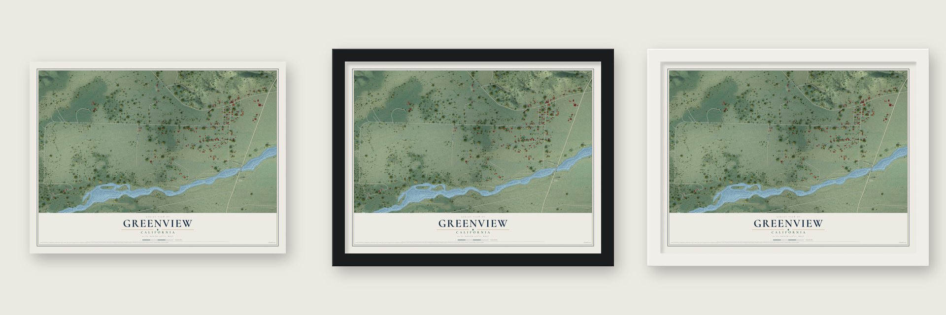 Greenview, California map unframed, in a black wood frame and in a white wood frame