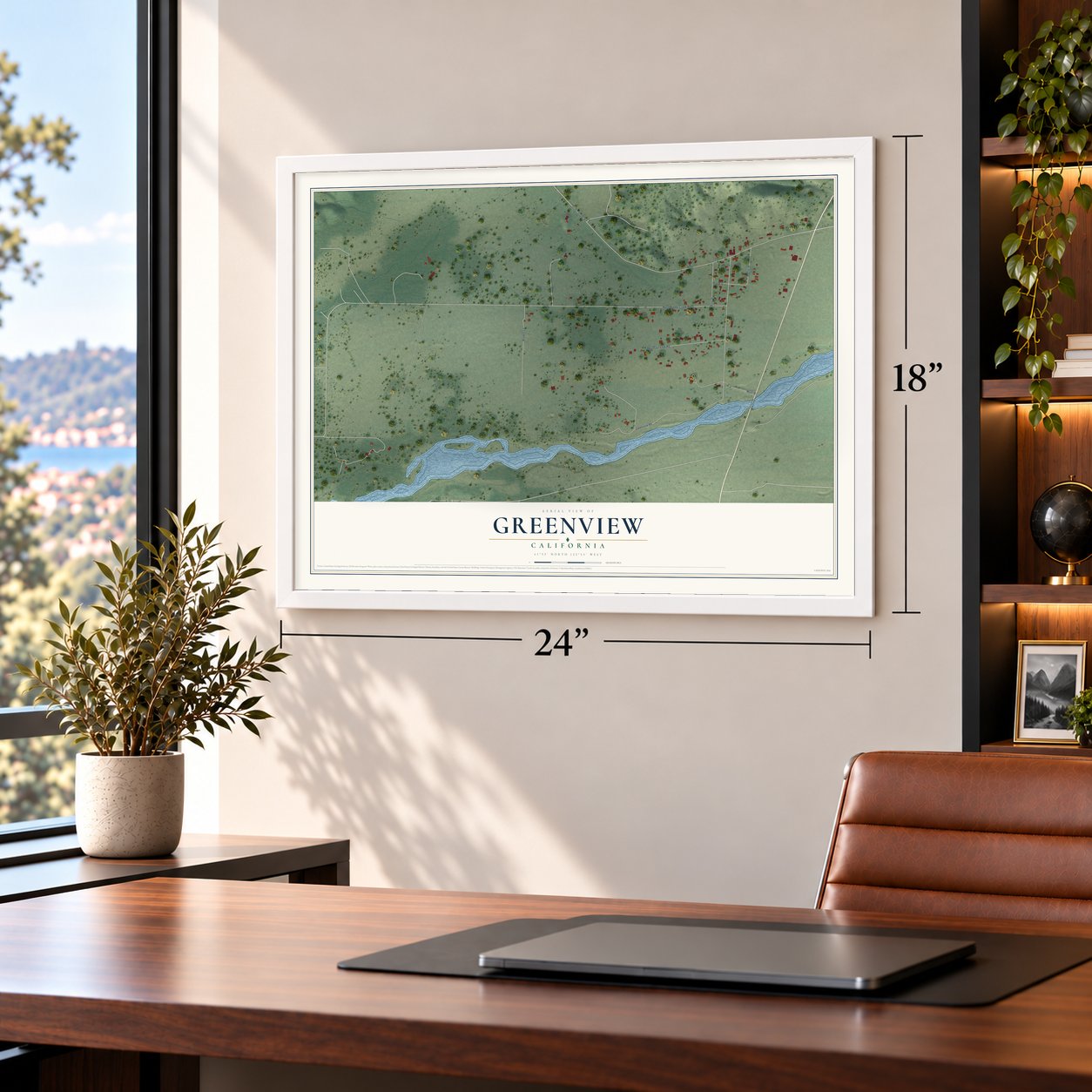Greenview, California map, 18 x 24 inch print in a white frame in a home office
