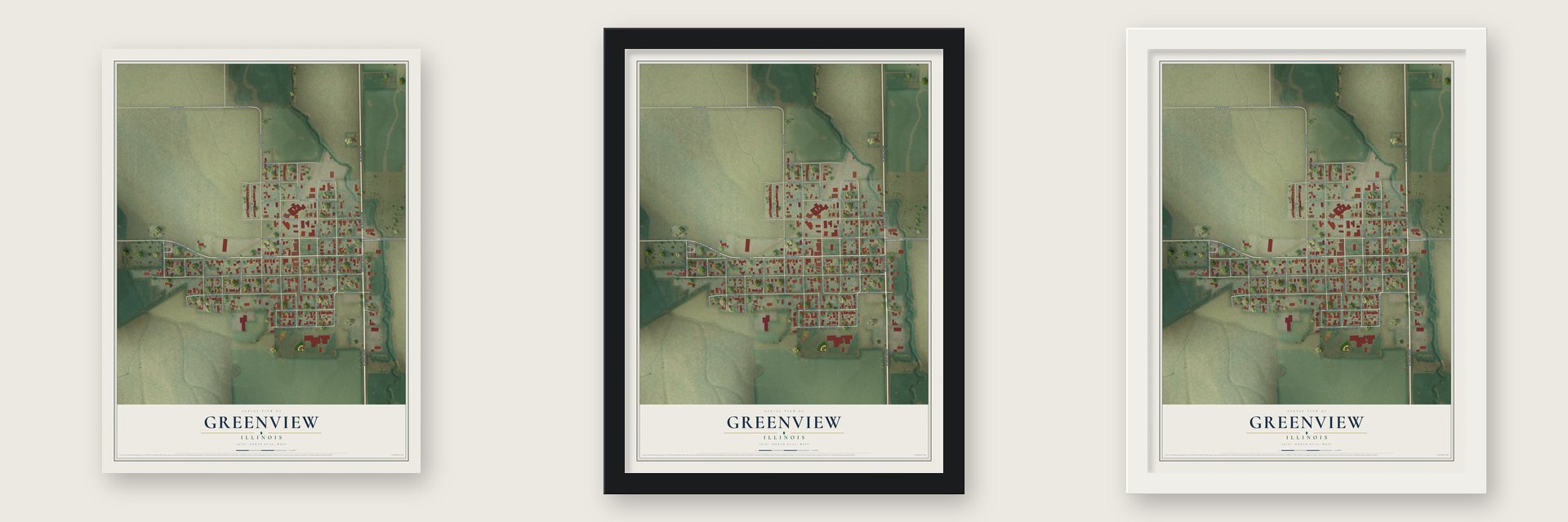 Greenview, Illinois map unframed, in a black wood frame and in a white wood frame