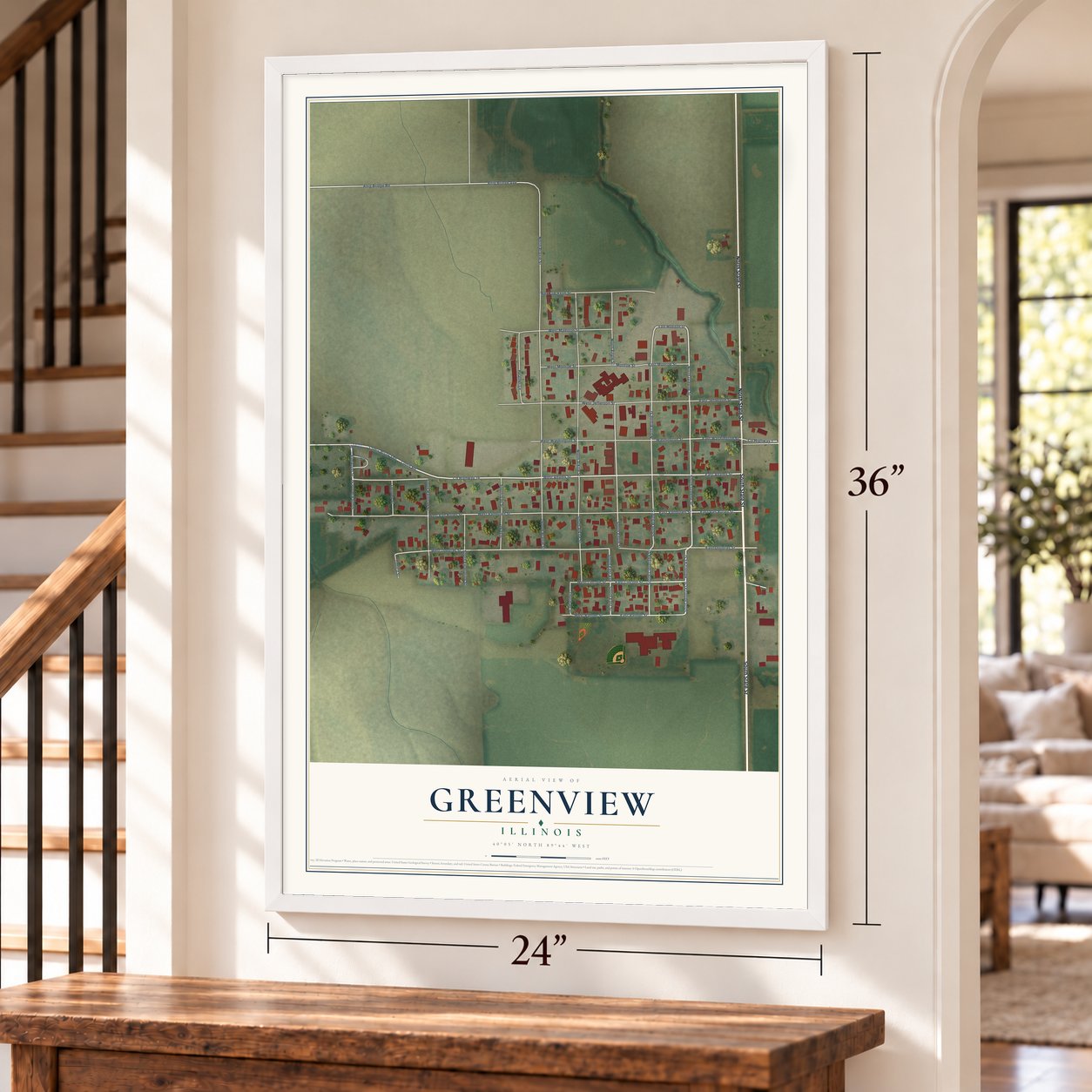 Greenview, Illinois map, 24 x 36 inch print in a white frame by a staircase