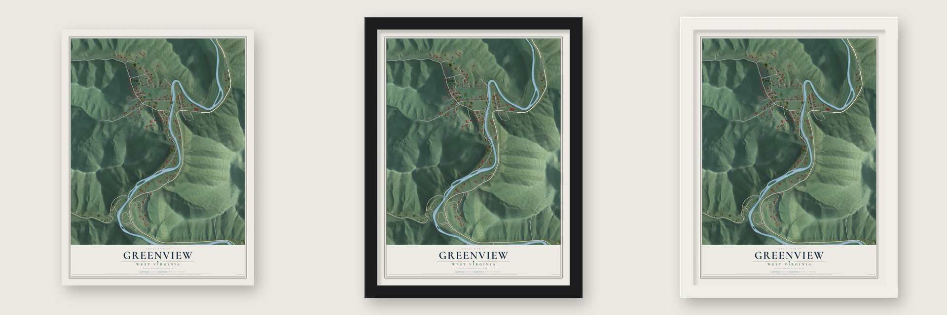 Greenview, West Virginia map unframed, in a black wood frame and in a white wood frame