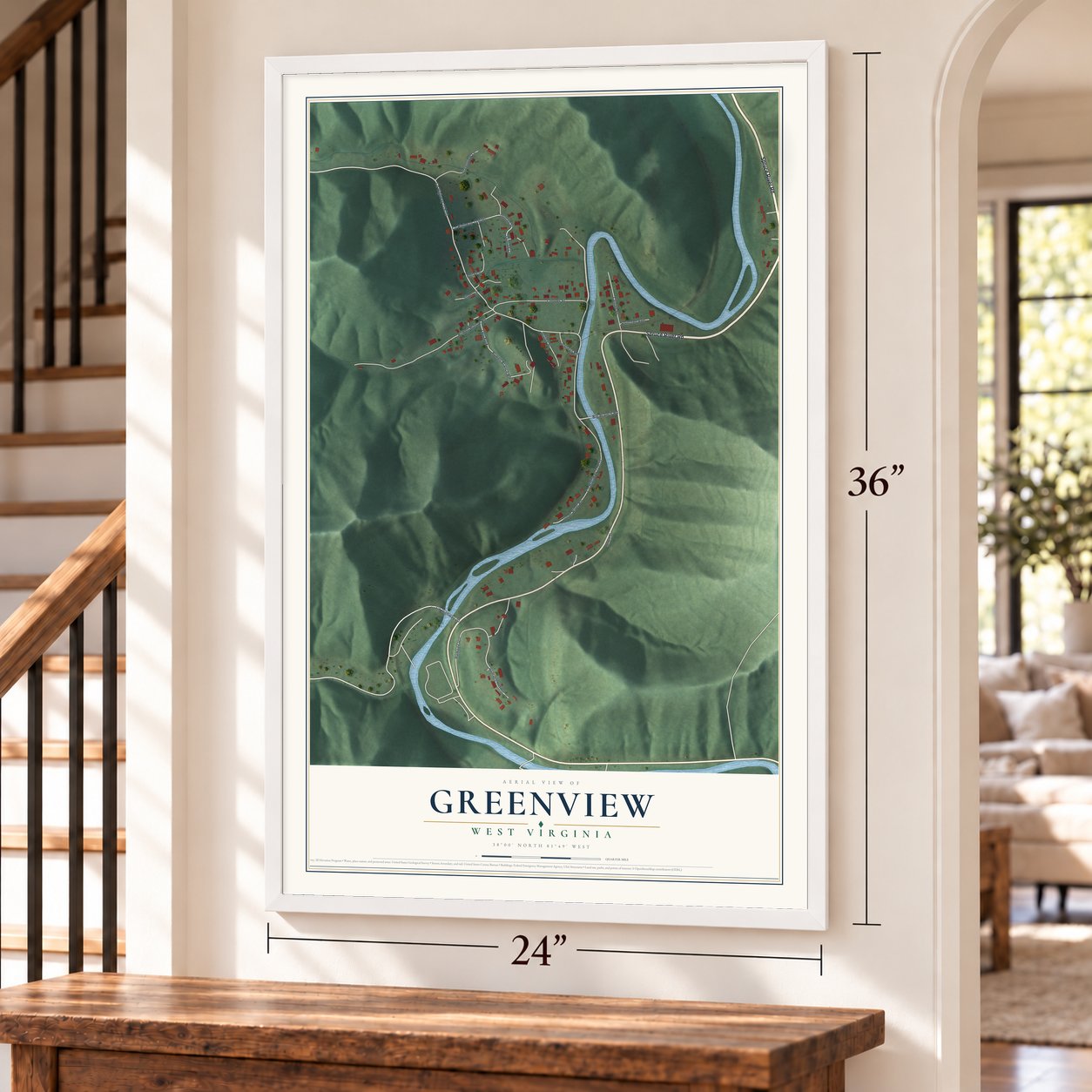 Greenview, West Virginia map, 24 x 36 inch print in a white frame by a staircase
