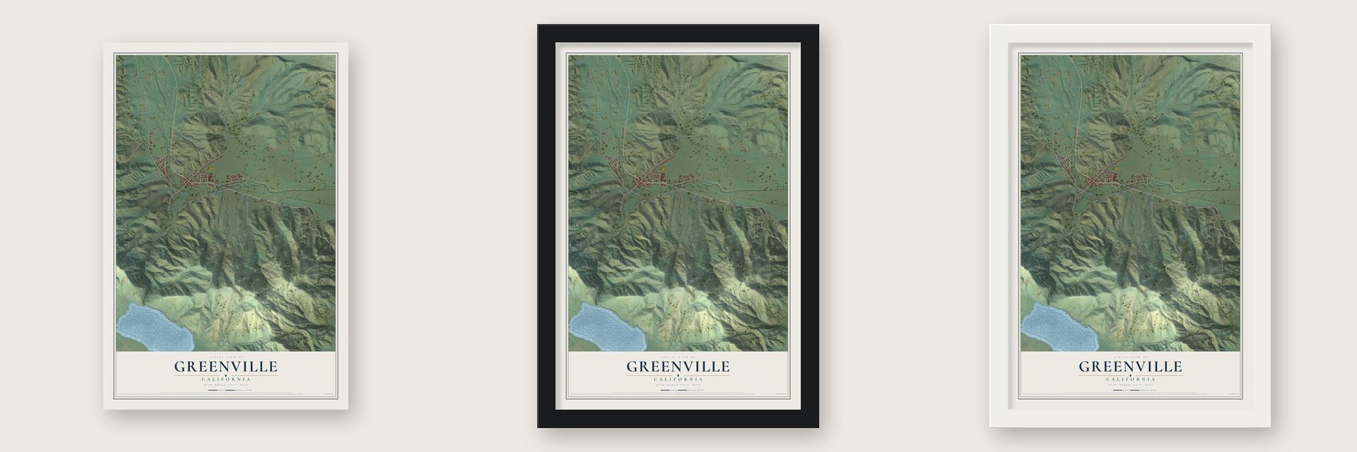 Greenville, California map unframed, in a black wood frame and in a white wood frame