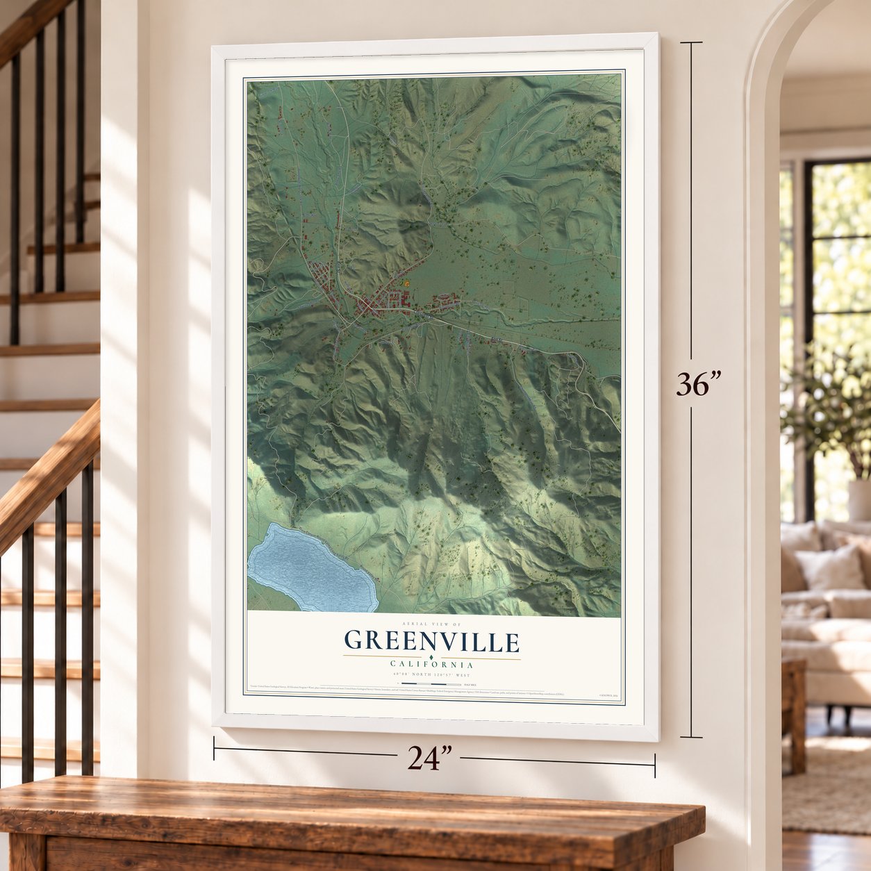 Greenville, California map, 24 x 36 inch print in a white frame by a staircase
