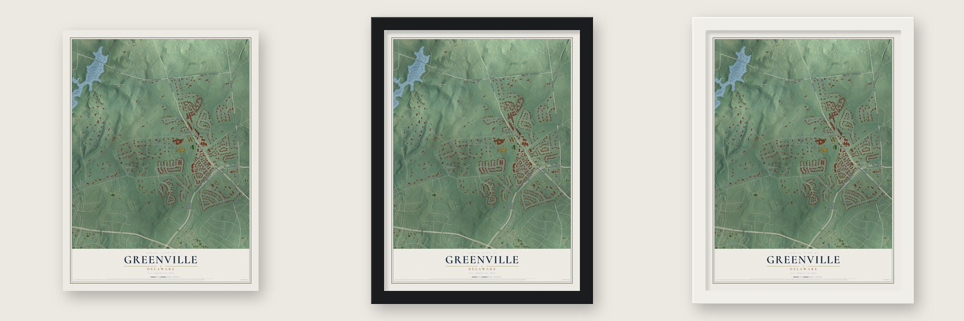 Greenville, Delaware map unframed, in a black wood frame and in a white wood frame