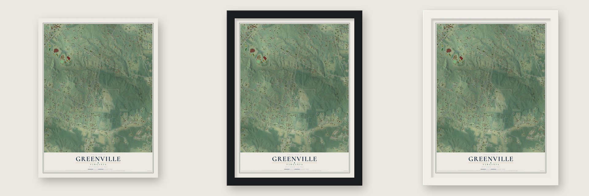 Greenville, Fauquier County, Virginia map unframed, in a black wood frame and in a white wood frame