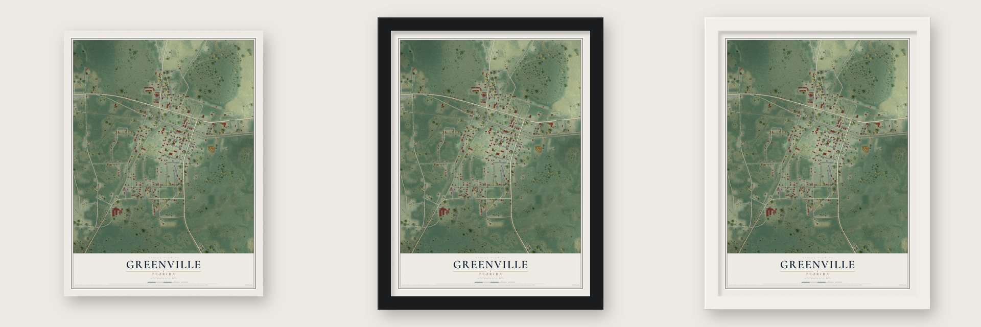 Greenville, Florida map unframed, in a black wood frame and in a white wood frame