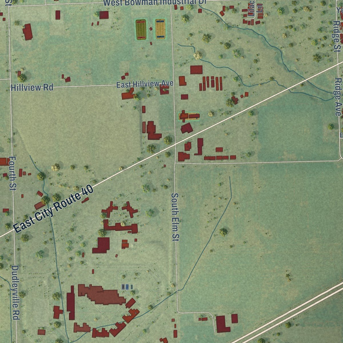 Second close-up of the map of Greenville, Illinois print showing more streets and buildings