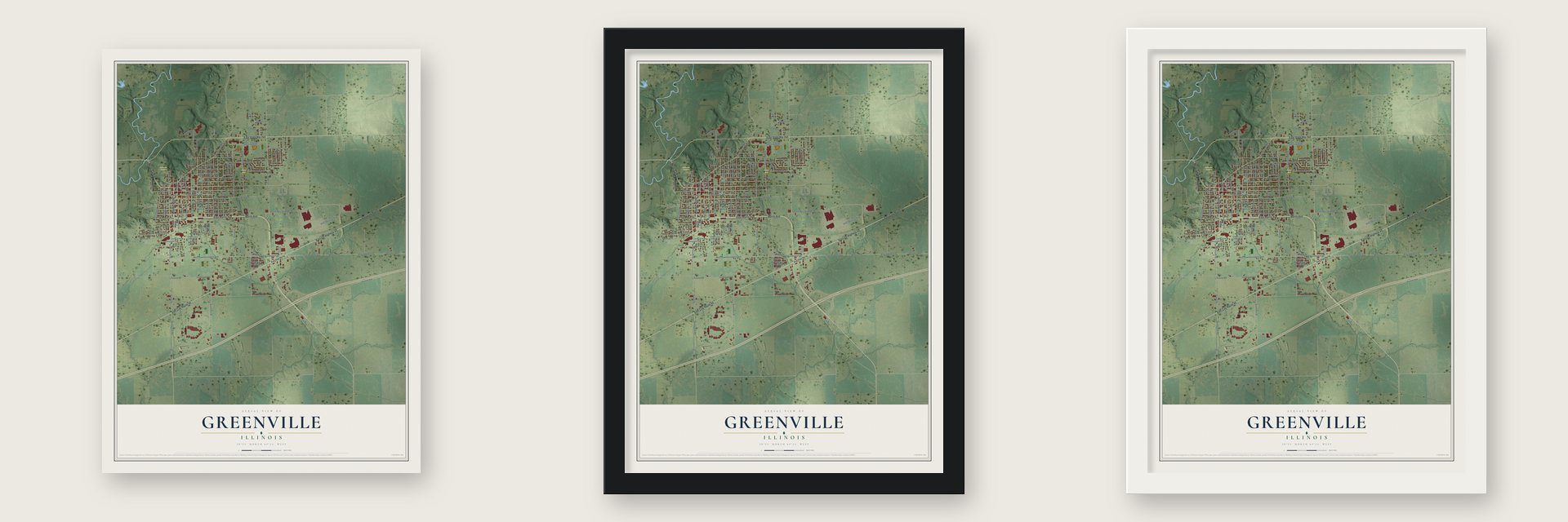 Greenville, Illinois map unframed, in a black wood frame and in a white wood frame