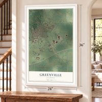 Greenville, Illinois map, 24 x 36 inch print in a white frame by a staircase