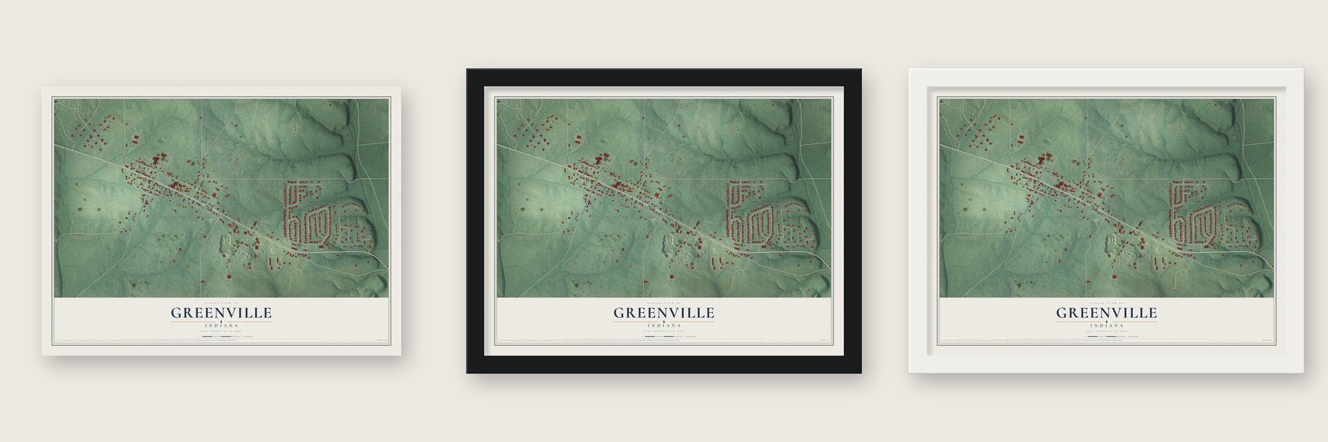 Greenville, Indiana map unframed, in a black wood frame and in a white wood frame