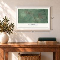 Greenville, Indiana map, 12 x 18 inch print in a white frame in an entryway