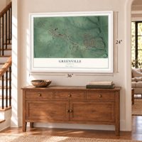 Greenville, Indiana map, 24 x 36 inch print in a white frame above a dresser by a staircase