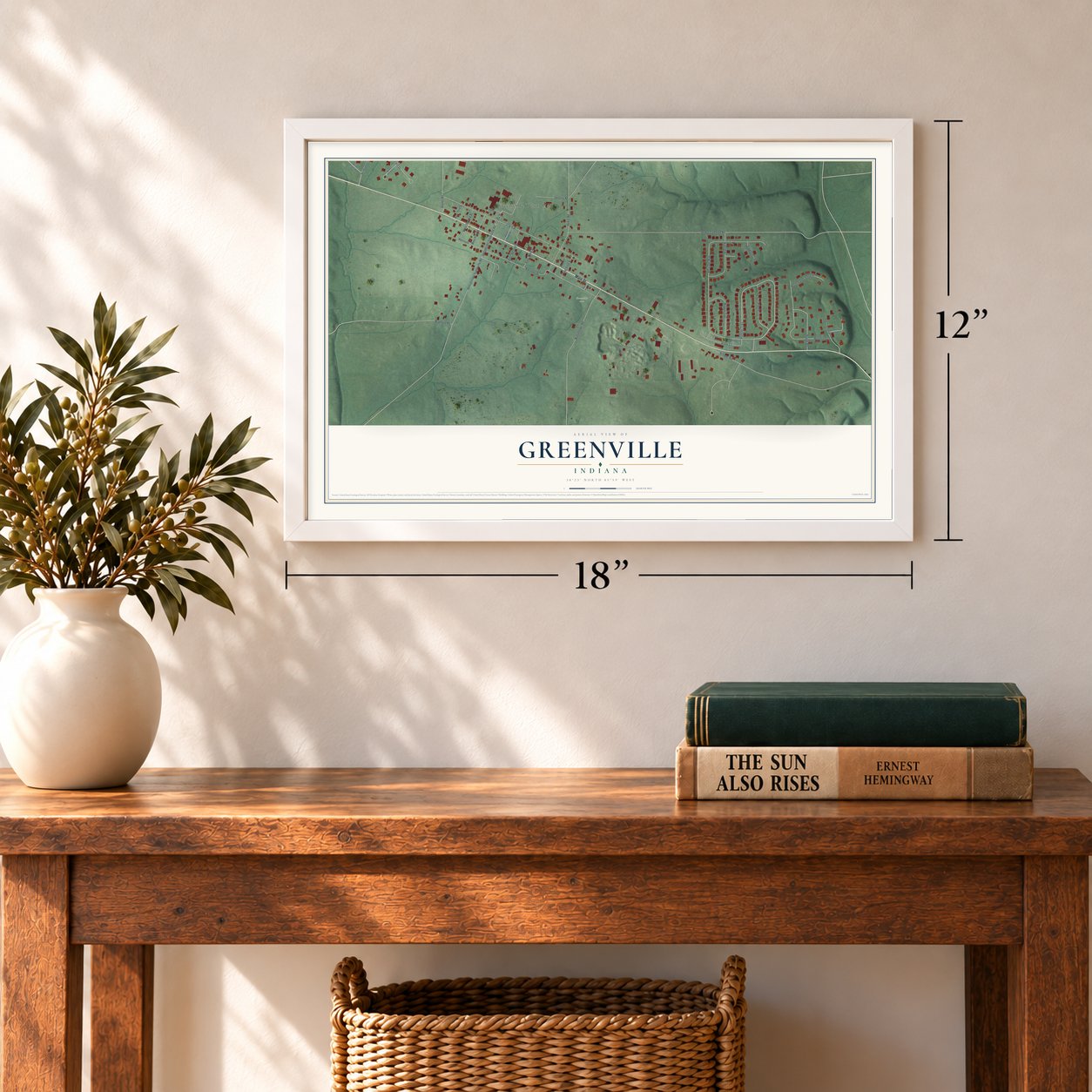 Greenville, Indiana map, 12 x 18 inch print in a white frame in an entryway