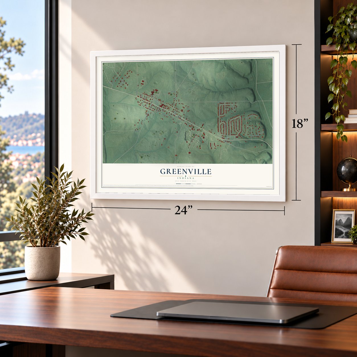 Greenville, Indiana map, 18 x 24 inch print in a white frame in a home office