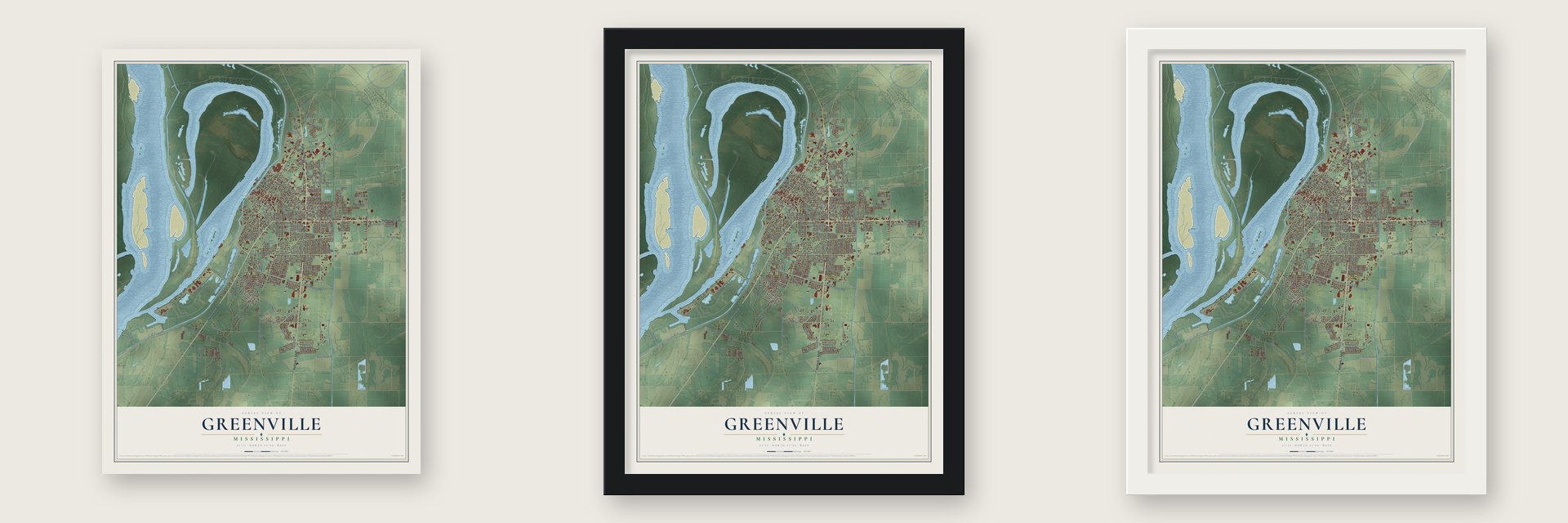 Greenville, Mississippi map unframed, in a black wood frame and in a white wood frame