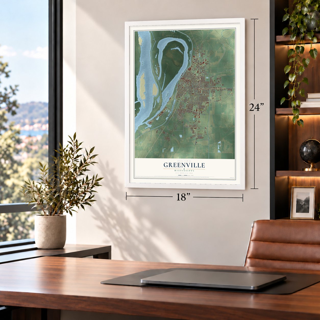 Greenville, Mississippi map, 18 x 24 inch print in a white frame in a home office