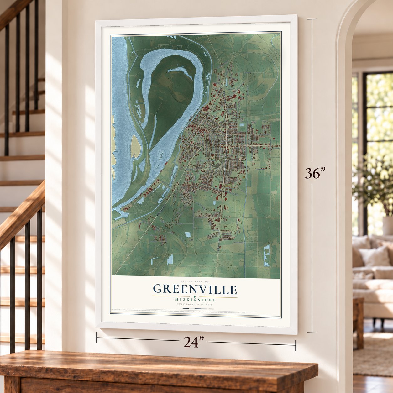 Greenville, Mississippi map, 24 x 36 inch print in a white frame by a staircase