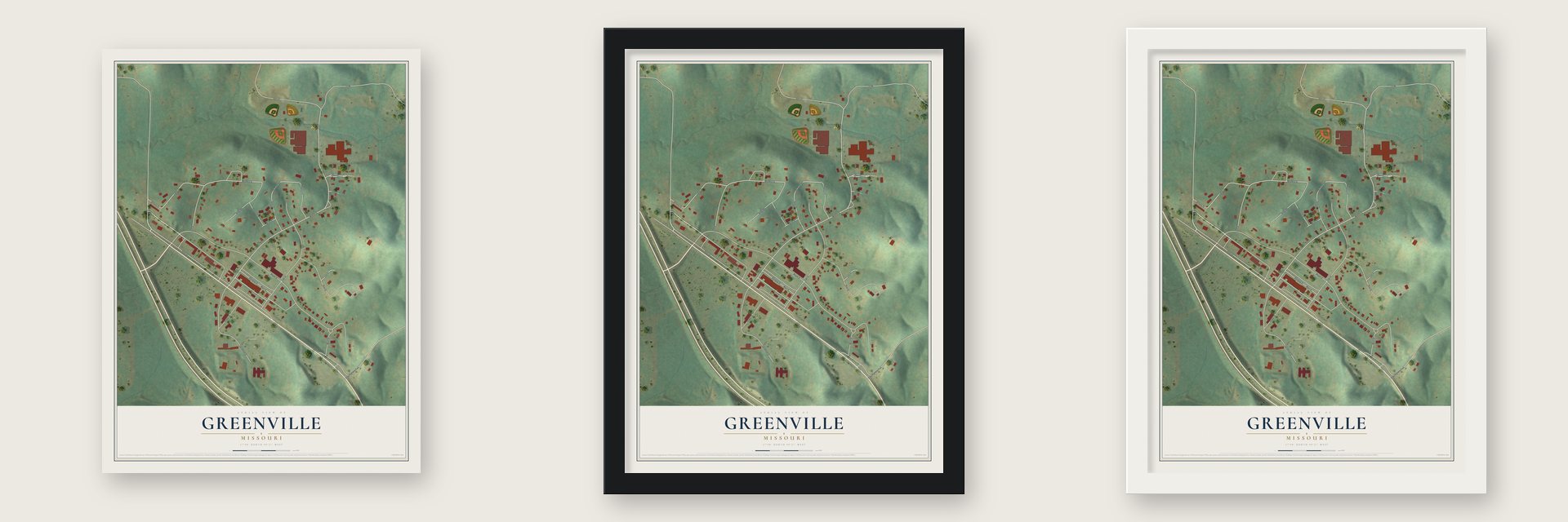 Greenville, Missouri map unframed, in a black wood frame and in a white wood frame