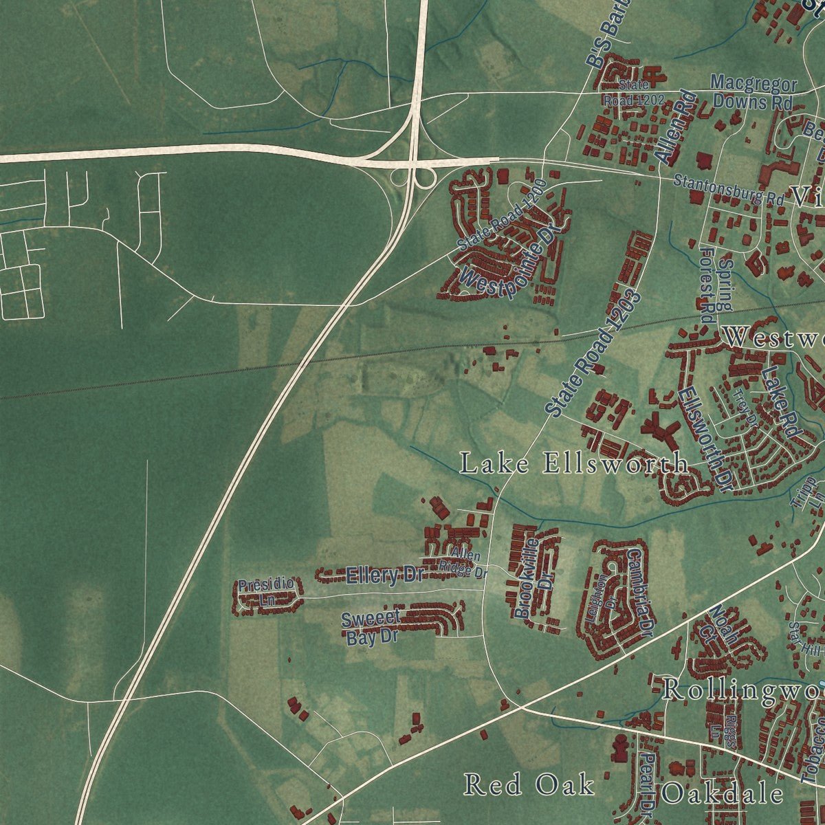 Second close-up of the map of Greenville, North Carolina print showing more streets and buildings