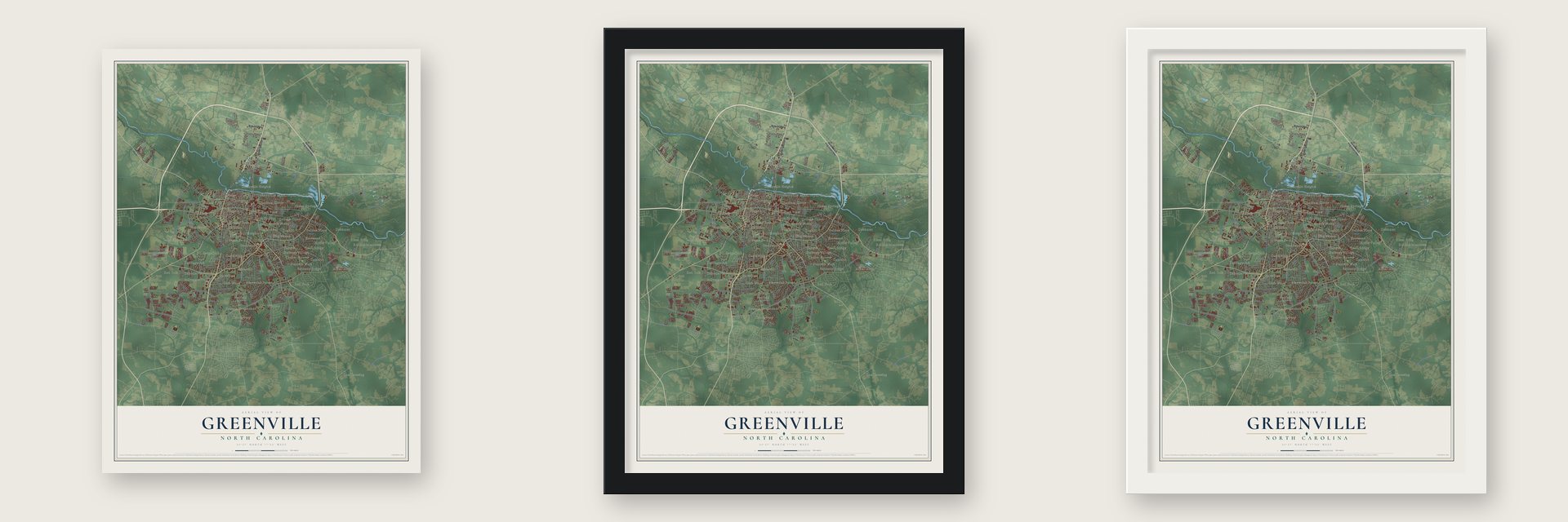 Greenville, North Carolina map unframed, in a black wood frame and in a white wood frame