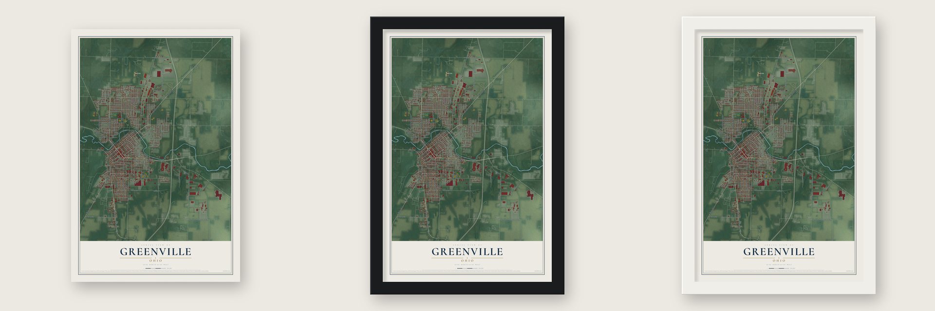 Greenville, Ohio map unframed, in a black wood frame and in a white wood frame