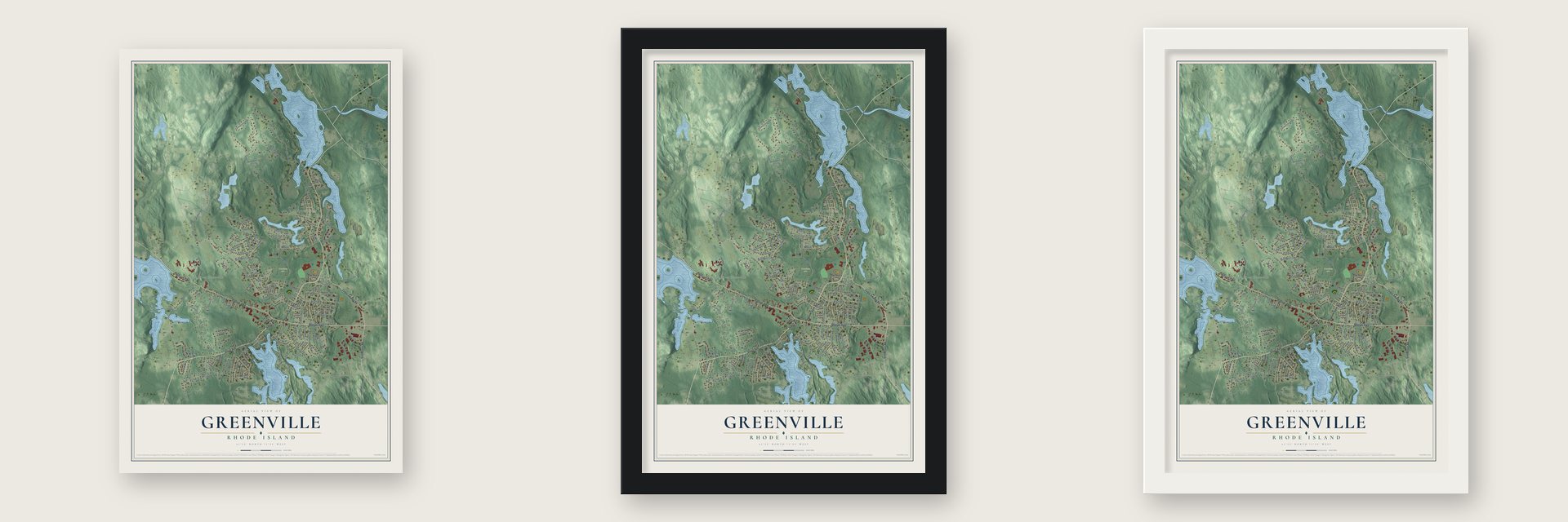 Greenville, Rhode Island map unframed, in a black wood frame and in a white wood frame