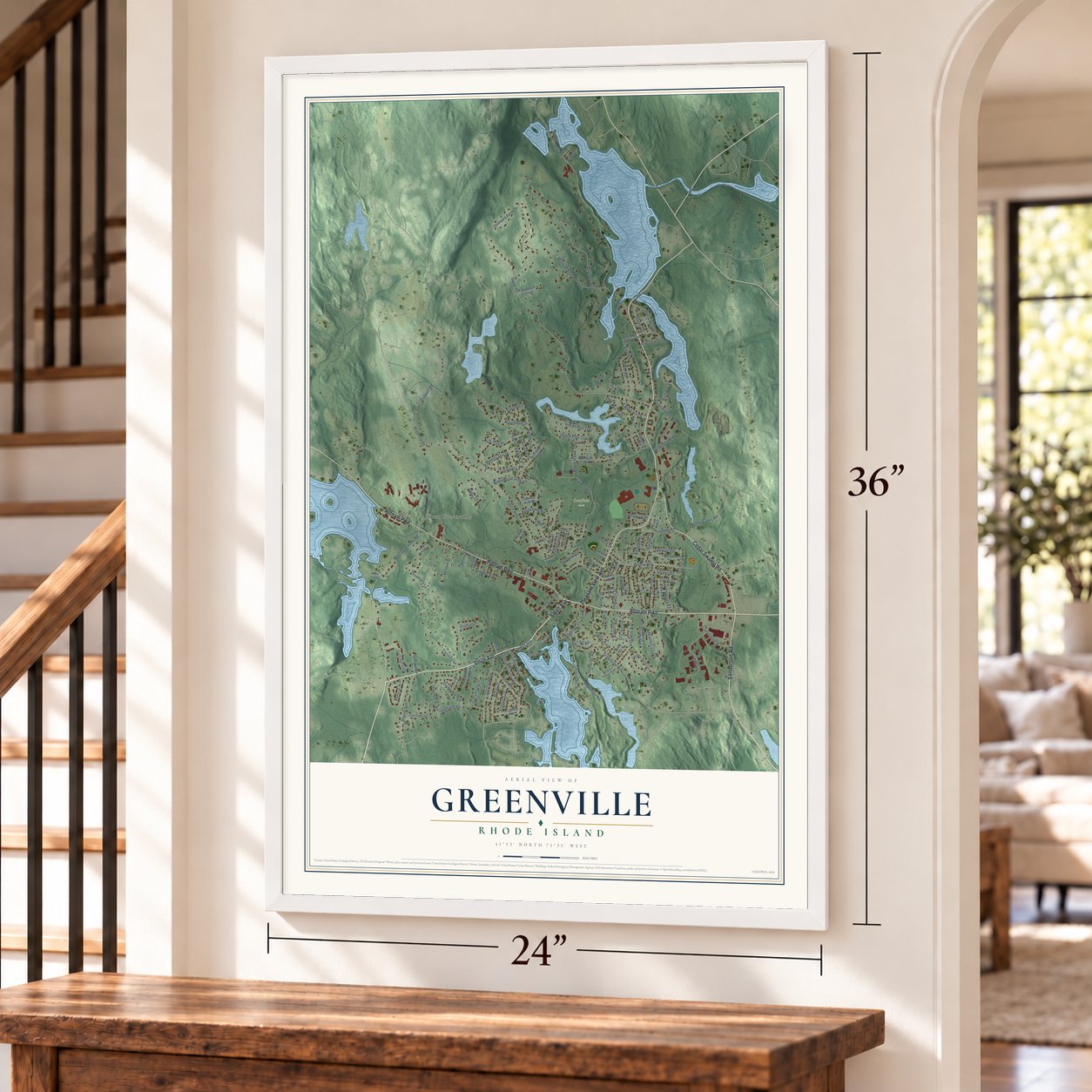 Greenville, Rhode Island map, 24 x 36 inch print in a white frame by a staircase