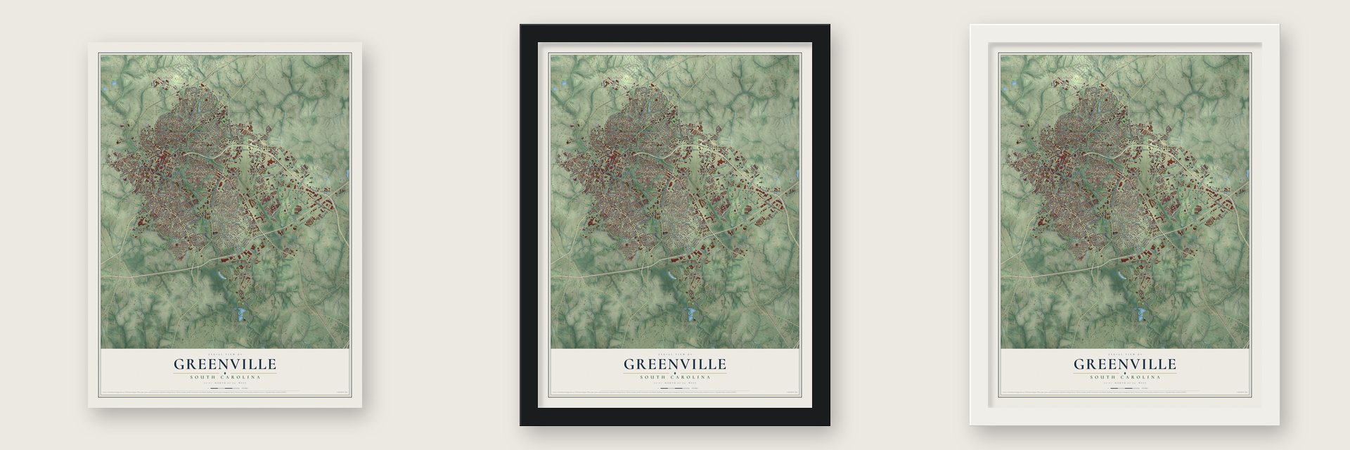 Greenville, South Carolina map unframed, in a black wood frame and in a white wood frame