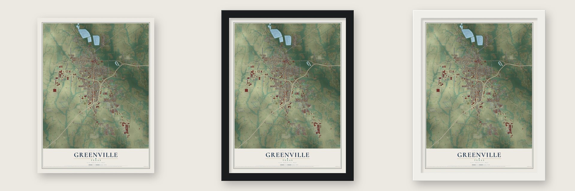 Greenville, Texas map unframed, in a black wood frame and in a white wood frame